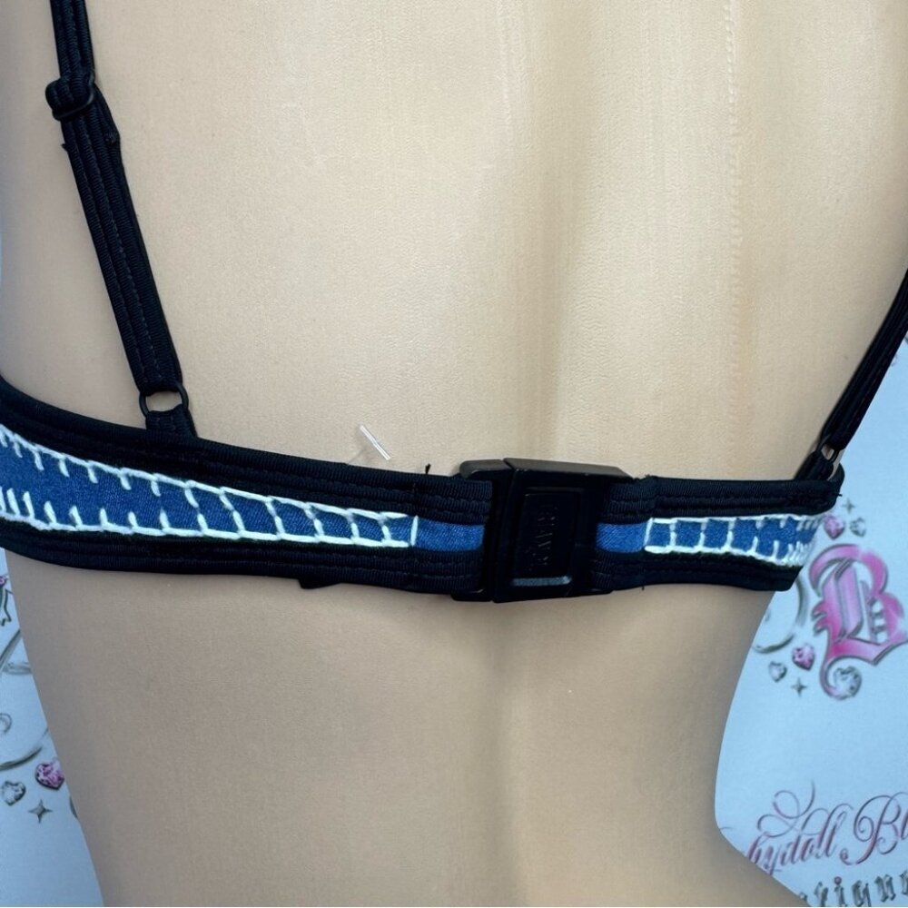 Triangl swimwear top bikini denim jean crochet blue navy cream snap back closure - Picture 6 of 14